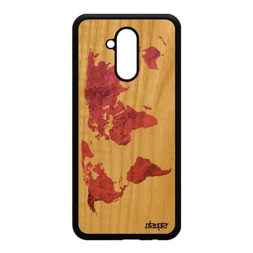 Coque Huawei Mate 20 Lite Bois Naturel Silicone Carte Monde Housse Rose Globe Personnalisé Artisanat Texture Motif Planete Telephone
