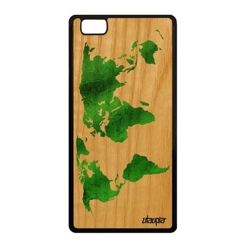 Coque En Bois Carte Monde Pour Huawei P8 Lite 2015 Silicone Motif Terre Geographie Fait Main Effet 4g Vert Atlas Planete Globe Pays