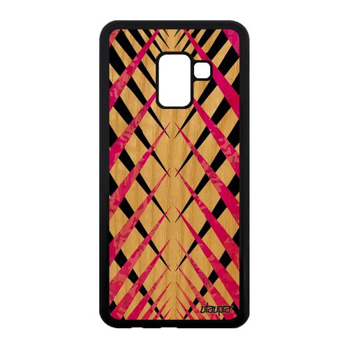 Coque Samsung Galaxy A8 2018 En Bois Naturel Silicone Design Carreau Motif Bumper Etui Rigide Effet Carre Tartan Rose Fond Jolie De