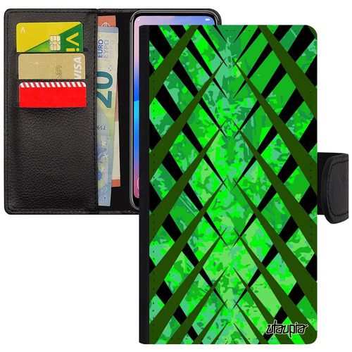 Coque Samsung Galaxy J3 2017 Rabat Design Carreau Leather Pas Cher Effet Tartan Fond Carre Etui Mobile Geometrique Vert Jolie Motif