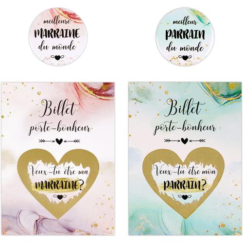 2PCS Cartes à Gratter Parrain Marraine Invitation + Badge Meilleure Parrain Marraine du Monde + Enveloppe Parrain Marraine Demande Annonce Naissance Cadeau Surprise Baptême