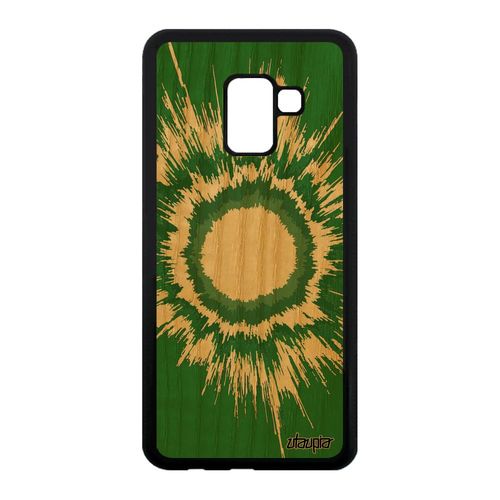 Coque Bois Veritable Galaxy A8 2018 Silicone Explosion Univers Fond Vert Motif Fait Main Soleil Personnalisé Galaxie Modern Samsung