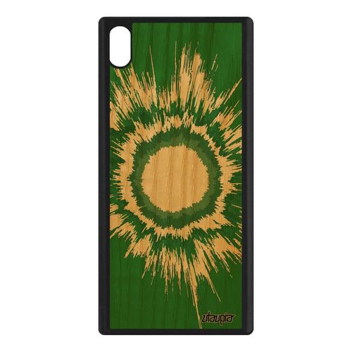 Coque Explosion Sony Xperia Xa1 Ultra En Bois Et Silicone Motif G3221 Etui Univers Fond Vert Fait Main Tpu Soleil Unique Telephone