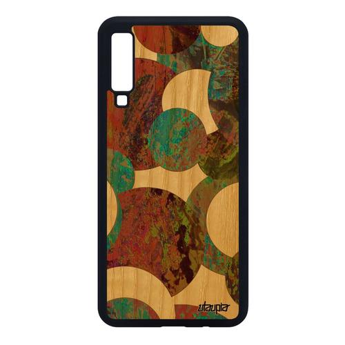 Coque En Bois Galaxy A7 2018 Silicone Peinture Abstrait Art Texture Jaune Artisanal Geometrique Design Ronds Portable Rigide Samsung