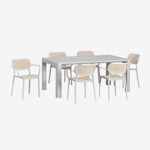 Ensemble Table Rectangulaire Arnadine (180x100 Cm) Et 6 Chaises De Salle À Manger Empilables Avec Accoudoirs Omara Gris Graphite