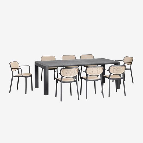 Ensemble Table Rectangulaire Arnadine (220x100 Cm) Et 8 Chaises De Salle À Manger Empilables Avec Accoudoirs Omara Gris Graphite