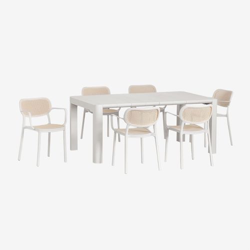 Ensemble Table Rectangulaire Arnadine (180x100 Cm) Et 6 Chaises De Salle À Manger Empilables Avec Accoudoirs Omara Blanc Gardenia