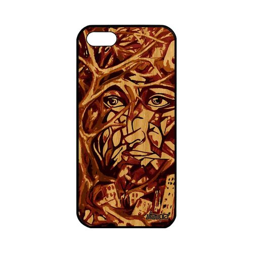 Coque Portrait Street Art Pour Iphone 5 5s Se Bois Silicone Abstrait Marron Immeubles Portable Telephone Jolie Bumper Femme De Apple