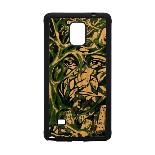 Coque Pour Galaxy Note 4 En Bois Silicone Portrait Street Art Visage Arbre Etui Antichoc Vert Peinture Huile Immeubles Vrai Samsung