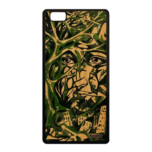 Coque Bois Pour Huawei P8 Lite 2015 Silicone Portrait Street Art Femme Immeubles Design Arbre Visage Vert Antichoc Abstrait Mobile