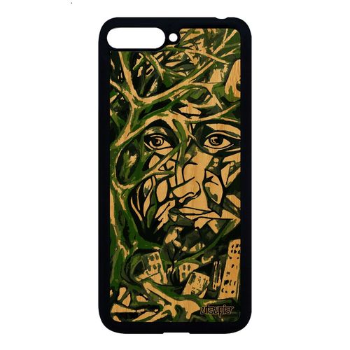 Coque Bois Silicone Antichoc Huawei Y6 2018 Portrait Street Art Femme Personnalisé Artisanat Abstrait Original Vert Cadeau Unique De
