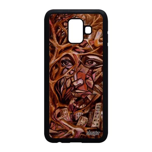 Coque Samsung Galaxy A6 2018 Silicone Portrait Street Art Abstrait Etui Sm-A600fn Peinture Smartphone Marron Fait Main Original De