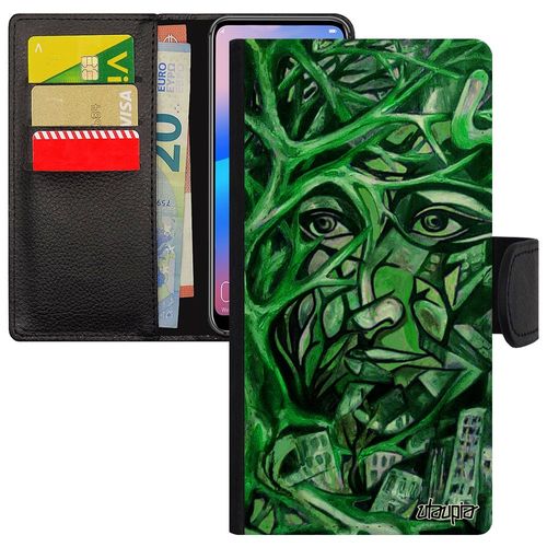 Coque Honor 9 Cuir Rabat Portefeuille Portrait Street Art Vert Femme Smartphone Antichoc Peinture Huile Original Arbre Visage Housse