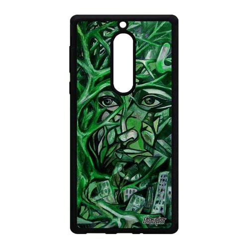 Coque Silicone Antichoc Pour Nokia 5 Portrait Street Art Housse Pas Cher Visage Arbre Immeubles Personnalisé Femme Vert Original De