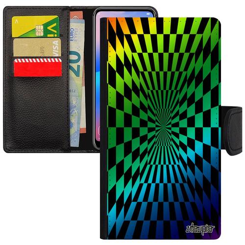 Coque Pour Samsung Galaxy A7 2018 Portefeuille Porte Cartes Illusion D'optique Mirage Carre Geometrie Arc En Ciel Etui Vert Effet De