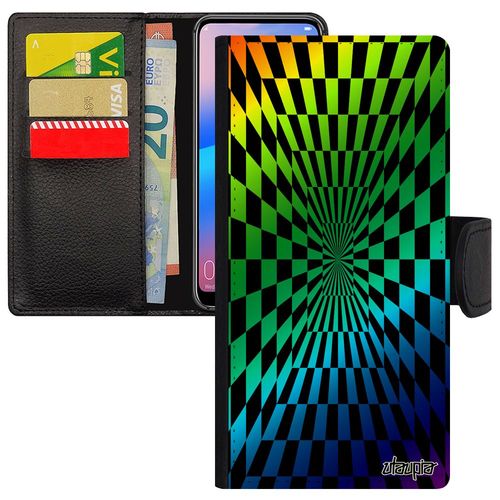 Coque Illusion D'optique Pour Honor 8a Rabat Portefeuille Silicone Rigide Carreaux Effet Carre Arc En Ciel Vert De Protection Motif