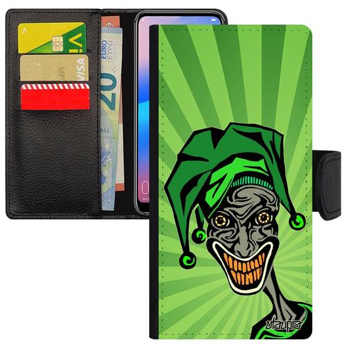 Coque Pour Huawei P30 Lite Cuir Rabat Joker Pu Horreur Cartoon Vert Dessin Etui 4g Portable Design Drole Motif Smile Comics Bd Clown