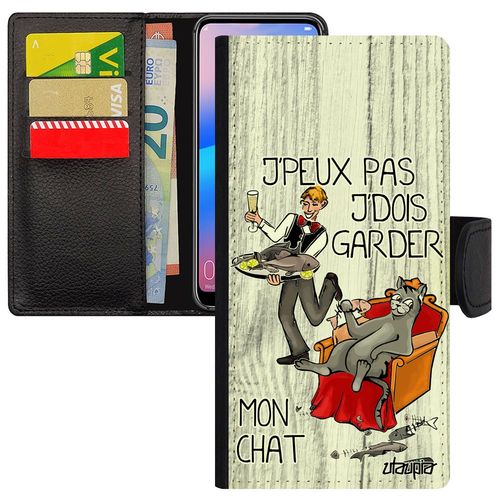 Coque Galaxy A50 À Rabat Porte Cartes J'peux Pas J'dois Garder Mon Chat Bande Dessinée Cartoon Gris Caoutchouc Smartphone Je Samsung