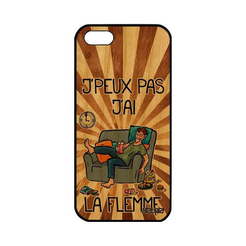 Coque Iphone 5 5s Se En Bois Silicone J'peux Pas J'ai La Flemme Humour Texte Smartphone Feignant Marron Comique Souple Jpeux Apple