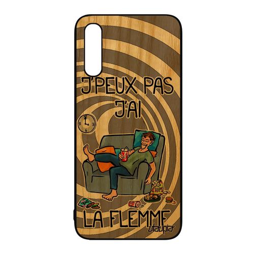 Coque Samsung Galaxy A50 Bois Veritable Silicone J'peux Pas J'ai La Flemme Gris Telephone Original Personnalisé Feignant Texte Etui