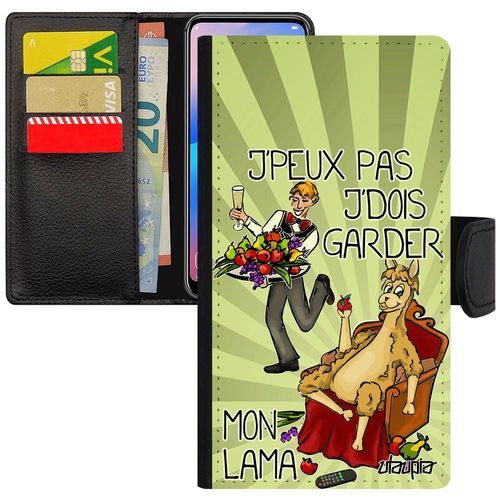 Coque Iphone 8 Plus Cuir À Rabat Portefeuille J'peux Pas J'dois Garder Mon Lama Humour Cartoon Vert Animal Texte Jpeux Etui Je