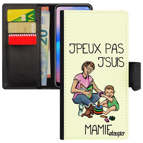 Coque Samsung Galaxy S8 Portefeuille Porte Cartes J'peux Pas J'suis Mamie Blanc Pochette Texte Smartphone Grand Mere Noir Jpeux Bebe