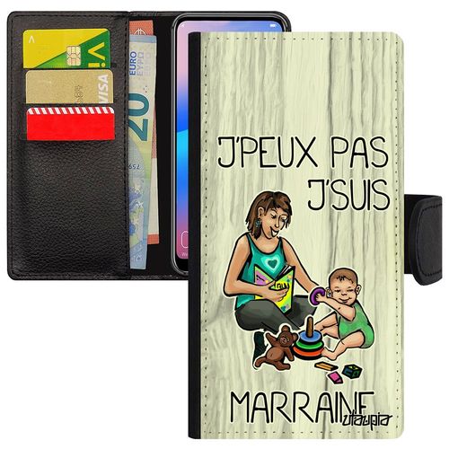 Coque Galaxy A3 2016 Cuir Rabat Porte Cartes Humour J'peux Pas J'suis Marraine Humoristique Je Naissance Garcon Design Gris Samsung