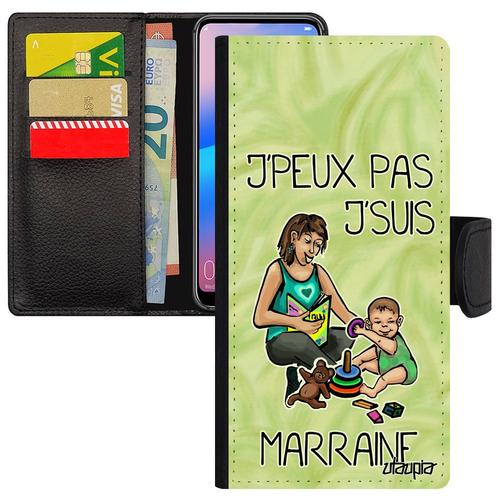 Coque Pour Huawei Y6 2018 Cuir Portefeuille Je Peux Pas J'suis Marraine Texte Drole Etui Rigide Naissance Fille Humour Vert Bd Jpeux