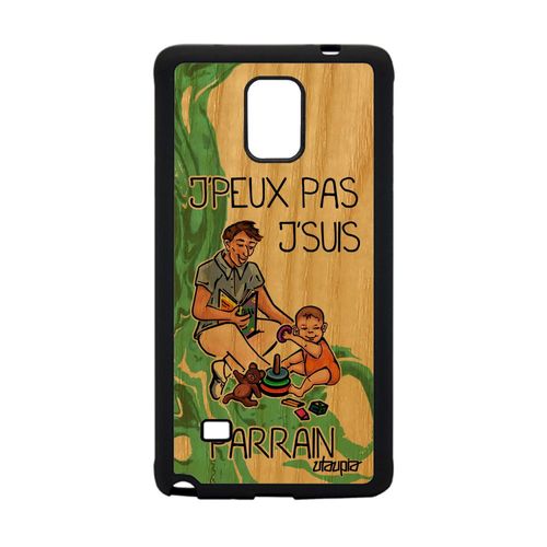 Coque En Bois Samsung Galaxy Note 4 Et Silicone J'peux Pas J'suis Parrain Bebe Vert Telephone Je Texte Sm-N910f Drole Comique Rigide
