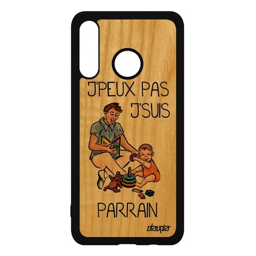 Coque Bois Silicone Antichoc Pour Huawei P30 Lite J'peux Pas J'suis Parrain Mobile Caoutchouc Texte Jpeux Drole Orange De Protection