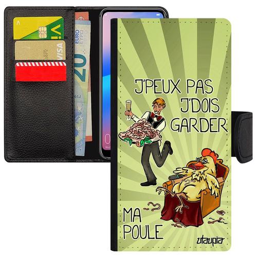 Coque Samsung Galaxy S8 Plus Cuir Portefeuille Humour J'peux Pas J'dois Garder Ma Poule Vert Etui Animal Cartoon De Protection Maman