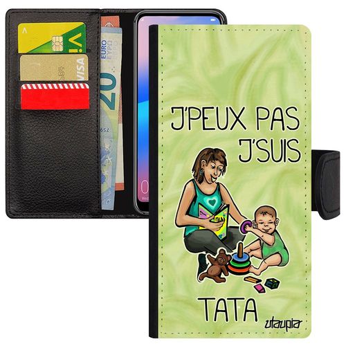 Coque Rabat Pour Huawei Y6 2018 J'peux Pas J'suis Tata Magnetique Housse Jpeux Humour Je Mobile Tante Comique Texte Drole Bd Vert De
