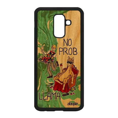 Coque En Bois Samsung Galaxy A6 Plus 2018 Silicone No Prob Lama Rigide Comique Dessin Drole Llama Problama Vert Texte Animal Cartoon