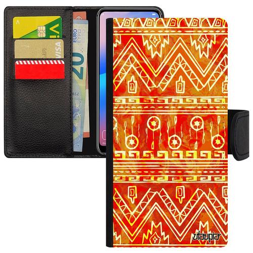 Coque P20 Portefeuille Motif Azteque Cover Dessin Coloré Art Fantaisie Antichoc Texture Leather Design Rouge 4g De Protection Huawei