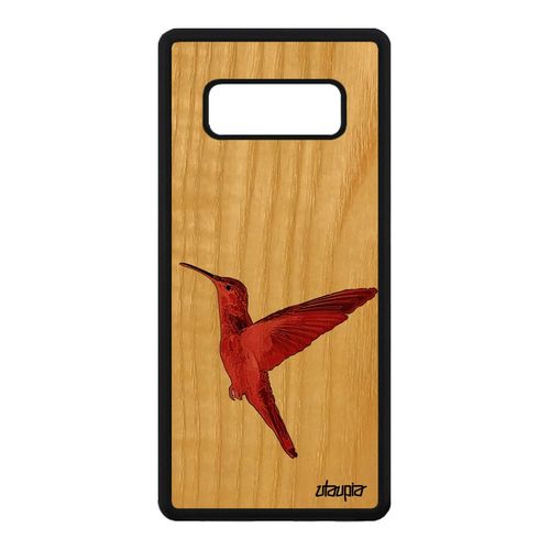 Coque Bois Samsung Galaxy Note 8 Silicone Colibri Peinture Plumes Nature Design Rigide Rouge Oiseau Case Animaux Cover Ecologie De