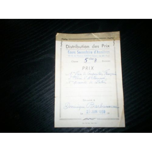Ancien Bon Point Distribution Des Prix Du 23 Juin 1959