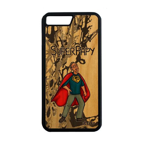 Coque Silicone Pour Iphone 7 Plus En Bois Super Papy Texte Comique Papi Humour Dessin Heros Bebe Famille Drole Etui Gris Motif