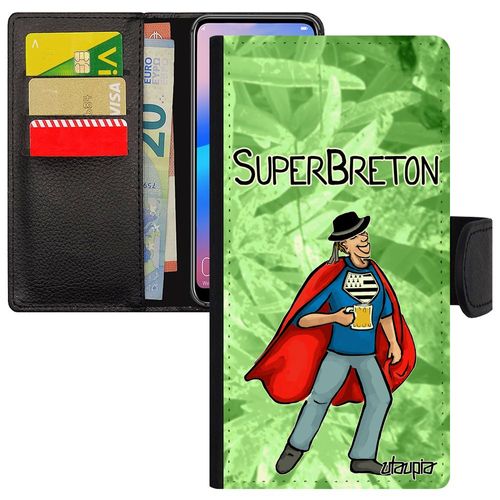Coque Honor 8 Cuir Rabat Portefeuille Super Breton Vert Drapeau Bretagne Smartphone Texte Bd Comique Humour Housse De Made In France