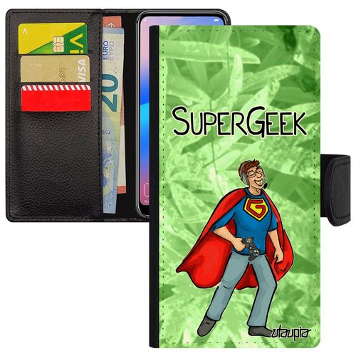 Coque Honor 8 Simili Cuir Super Geek Heros Comique Vert Play De Protection Texte Jeux Video Smartphone Humour Drole Console Comics