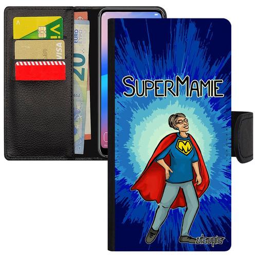 Coque S8 Cuir Porte Cartes Super Mamie Humoristique Antichoc Grand Mere Bande Dessinée Naissance Garcon Unique Bleu Samsung Galaxy