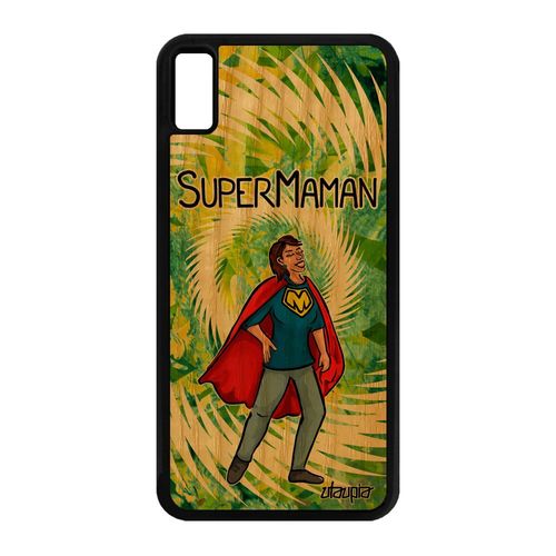 Coque Pour Iphone Xs Max Bois Silicone Super Maman Humour Drole Mere Etui Heros Texte Vert Bd Comique Naissance Fille Rigide