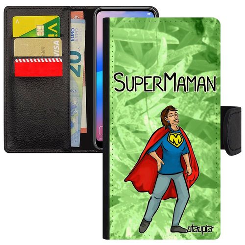 Coque Rabat Honor 9 Simili Cuir Porte Cartes Super Maman Portable Comique Naissance Fille Dessin Drole Cadeau Fete Des Meres 4g Vert