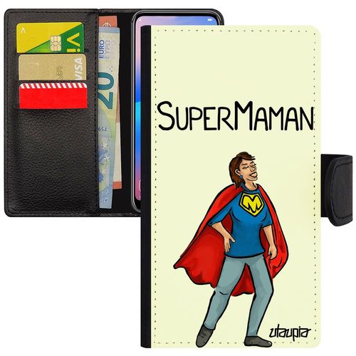 Coque Iphone 7 Plus Simili Cuir Rabat Porte Cartes Super Maman Unique Blanc Comique Rigide Housse Texte Leather Humour Enfant
