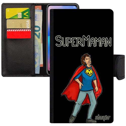 Coque Pour Iphone 7 Plus Portefeuille Porte Cartes Super Maman Humoristique Texte Heros Portable Drole Enfant Noir Humour Mere