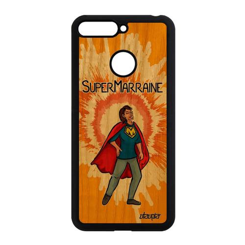 Coque Silicone Honor 7a En Bois Et Super Marraine Texte Drole Orange Etui Bd Personnalisé Heros Enfant Humour Housse Comics Bumper