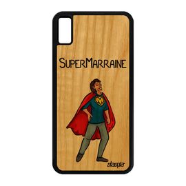 Coque Iphone Xs Max Bois Silicone Super Marraine Rouge Humour Humoristique Antichoc Portable Bande Dessinée Drole Frêne De