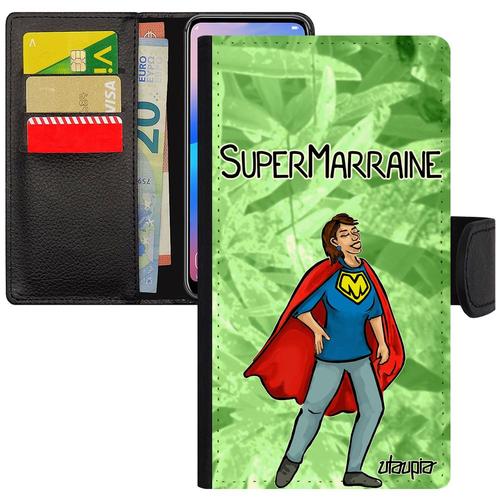 Coque Super Marraine Iphone 7 Cuir Portefeuille Pas Cher Mobile Humour Telephone Pochette Comics Bd Etui Drole Comique Vert De