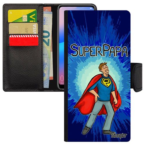 Coque Pour Honor 8x Cuir Rabat Silicone Super Papa Pu Bleu Famille Humour Humoristique Drole Smartphone Jsn-L21 Père Made In France