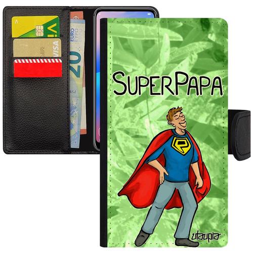 Coque Iphone Xs Max Cuir Rabat Super Papa Texte Etui Bd Comique Cadeau Fete Des Peres Drole 4g Vert Humour Naissance Fille De