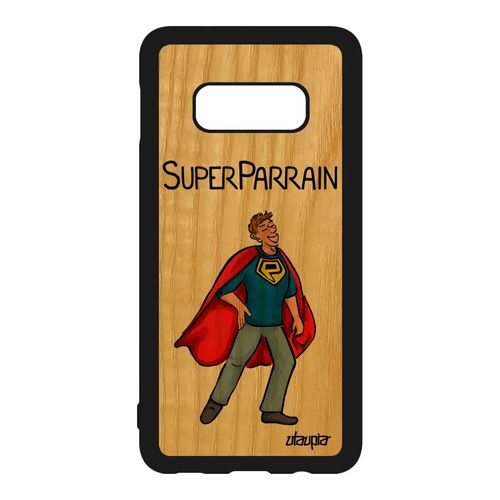 Coque Silicone Samsung Galaxy S10e En Bois Super Parrain Rouge Texte Unique Naissance Garcon Case Heros Bande Dessinée 4g Portable